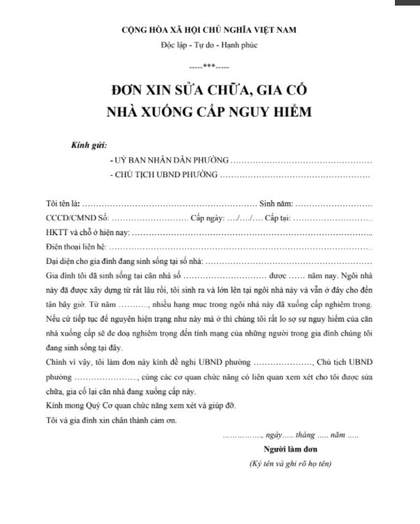 mẫu đơn xin phép sửa chữa nhà