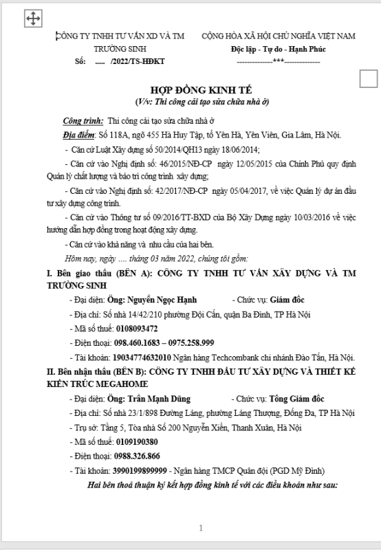 mẫu hợp đồng sửa nhà chuẩn nhất