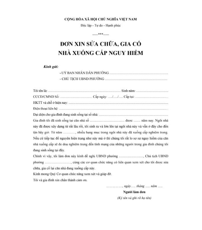 mẫu giấy xin phép sửa chữa và cải tạo nhà